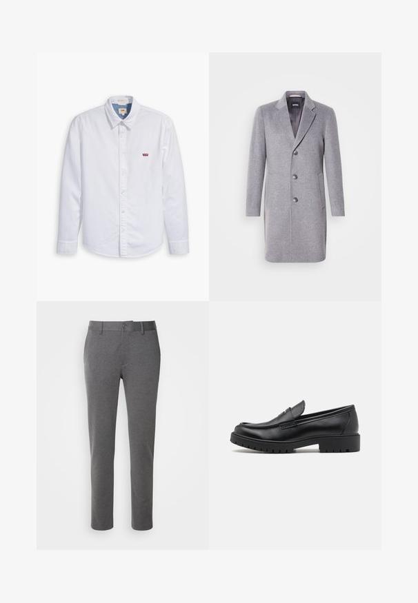 Abrigo de lana gris con cuello de solapa, cierre de tres botones, bolsillos laterales y un forro interior suave. Forma clásica y entallada.; Camisa de botón de manga larga blanca hecha de algodón. Presenta un cuello puntiagudo y un pequeño logo rojo de Levi's en el pecho izquierdo. Textura suave.; Pantalones grises a medida hechos de una tela suave, con una textura lisa, bolsillos delanteros y cierre de un solo botón en la cintura.; Mocasines de cuero negro con punta redondeada, diseño sin cordones y suela de goma gruesa con agarre texturizado. Tacón elevado y detalles de costura sutiles.