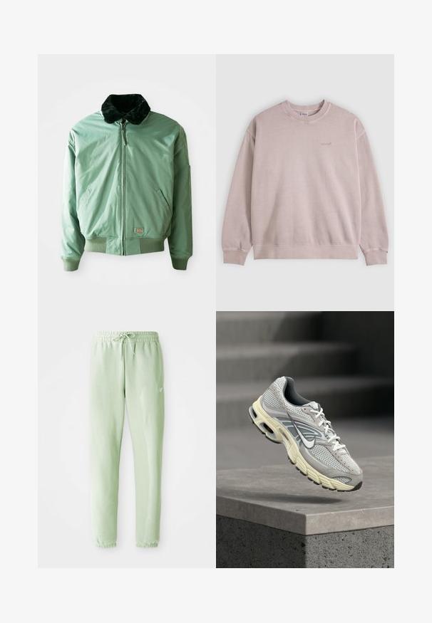 Groene bomberjack met een zwart nepmoffelkragen, ritssluiting, geribde manchetten en tailleband, en zijzakken. Glad, glanzend materiaal.; Lichtroze sweatshirt met lange mouwen en een ronde hals, met een klein Levi's-logo op de linkerborst en geribde boorden en zoom.; Lichtgroene sweatpants van zachte katoen, met een elastische tailleband met trekkoord en taps toelopende benen, afgewerkt met gathered boorden.; Grijs-witte Nike hardloopschoen met gevoerde zool zweeft boven een betonnen trede in een buitenomgeving.