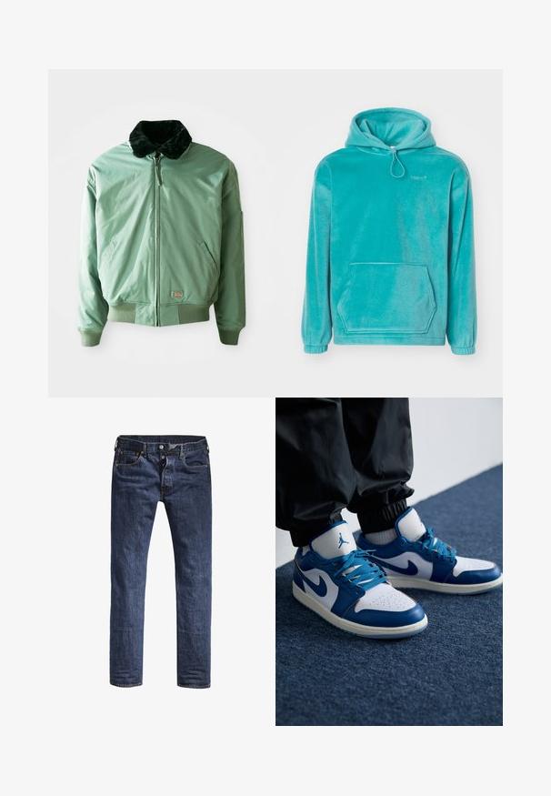 Zelená bomber bunda s čiernym umelým kožušinovým golierom, so zipsovým zapínaním, elastickými manžetami a pásom, a bočnými vreckami. Hladký, lesklý materiál.; Tyrkysová mikina s kapucňou, príjemným plyšovým materiálom, prednou klokankou a elastickými manžetami. Obsahuje šnúrku na krku.; Tmavomodré džínsy s úzkym strihom, piatimi vreckami a štandardným pásom. Obsahujú viditeľný steh a kovové akcenty.; Nike Air Jordan tenisky majú bielu koženú základňu s modrými syntetickými akcentmi, perforovanou špičkou a modrými šnúrkami.