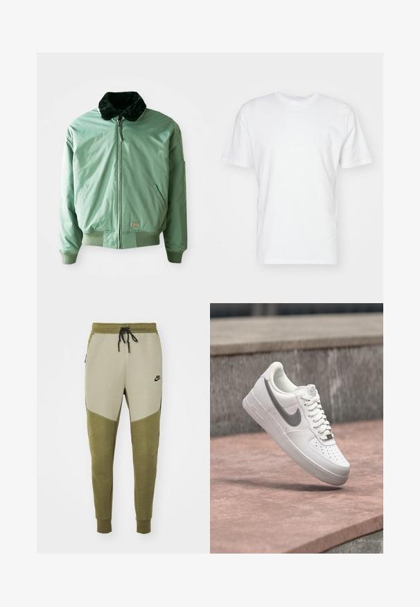 Zelená bomber bunda s čiernym umelým kožušinovým golierom, so zipsovým zapínaním, elastickými manžetami a pásom, a bočnými vreckami. Hladký, lesklý materiál.; Biela bavlnená tričko s krátkymi rukávmi, okrúhlym výstrihom a hladkou textúrou. Jednoduchý dizajn bez vzorov alebo grafiky.; Nike tepláky v béžovej a olivovo zelenej farbe. Majú šnúrku v páse, zúžené nohavice, bočné vrecká a logo Nike na ľavom stehne.; Biela teniska Nike Air Force 1 so sivým logom swoosh, ktorá visí nad kamenným povrchom a sivou kamennou stenou v pozadí.