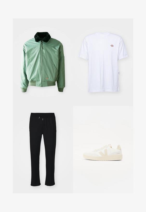 Grüne Bomberjacke mit einem schwarzen Kunstfellkragen, Reißverschluss, gerippten Bündchen und Saum sowie seitlichen Taschen. Glattes, glänzendes Material.; Weißes Baumwoll-T-Shirt mit V-Ausschnitt und kurzen Ärmeln. Besitzt ein kleines, buntes, gesticktes Logo auf der linken Brustseite. Weiches Material.; Schwarze Jogginghose aus weichem Stoff, mit elastischem Taillenbund und Kordelzug, Schlitz am Saum und subtiler Mustergestaltung.; Weißer Sneaker mit beigen Akzenten, ausgestattet mit einem strukturierten Obermaterial, runder Zehenpartie und einer dicken Gummisohle. Das Design umfasst das ikonische V-Logo und Branding.