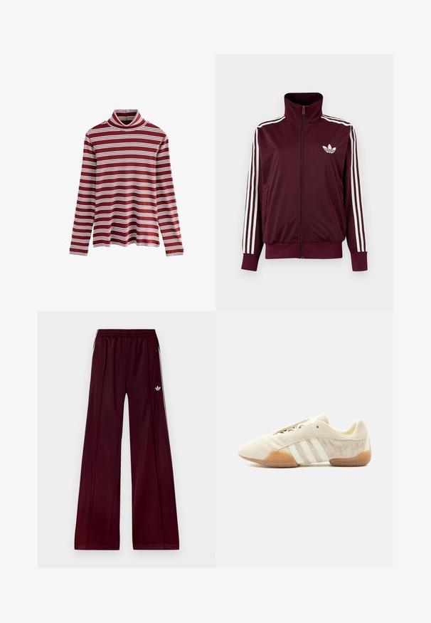 Chaqueta deportiva burdeos con cremallera, cuello alto, tres rayas blancas en las mangas y logo blanco de trébol de Adidas en el pecho.; Camiseta de manga larga con cuello vuelto en burdeos, con rayas horizontales blancas, que presenta una textura acanalada y un ajuste relajado en el dobladillo.; Pantalones deportivos burdeos con un ajuste relajado, hechos de un material suave, que cuentan con dos bolsillos laterales y rayas blancas en contraste a lo largo de los lados.; Zapatilla beige de perfil bajo con tres franjas blancas, paneles laterales de ante texturizado, suela de goma y cierre con cordones sobre un fondo liso.