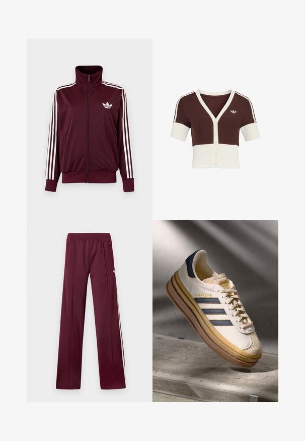 Vínovočervená športová bunda na zips s vysokým golierom, biele tri pruhy na rukávoch a biele logo Adidas trefoil na hrudi.; Cardigan s krátkym rukávom s hnedou vrchnou časťou a krémovou spodnou časťou, s výstrihom do V, zapínaním na gombíky a jemným dizajnom s tromi pruhmi.; Vínové teplákové nohavice s elastickým pásom, bočnými vreckami na zips, bielymi bočnými pruhmi a malým bielym logom Adidas na pravej stehne.; Tenisky Adidas Gazelle so smotanovým semišovým horným dielom, modrými koženými akcentmi, tromi modrými pruhmi, béžovou medzipodrážkou a hnedou gumovou podrážkou.