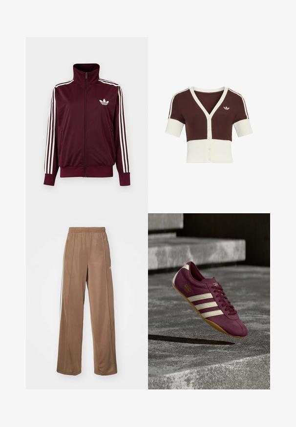 Vinrød trackjakke med lynlås og høj krave, hvide tre striber på ærmerne og hvidt Adidas trefoil-logo på brystet.; Kortærmet cardigan med en brun øverste del og cremefarvet nederste del, med V-hals, knaplukning og et diskret trestribet design.; Brune atletiske bukser lavet af blødt stof, med elastisk talje, sidelommer og hvide logoakcenter på venstre hofte.; Lilla Adidas Tokyo sneaker med hvide striber og gummisål ser ud til at svæve over betonstrappen i blødt lys.