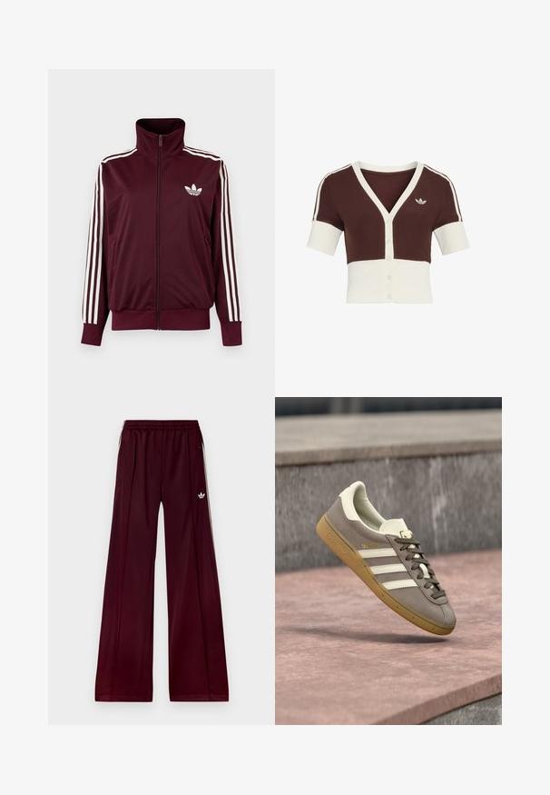 Vínovočervená športová bunda na zips s vysokým golierom, biele tri pruhy na rukávoch a biele logo Adidas trefoil na hrudi.; Cardigan s krátkym rukávom s hnedou vrchnou časťou a krémovou spodnou časťou, s výstrihom do V, zapínaním na gombíky a jemným dizajnom s tromi pruhmi.; Bordo športové nohavice s voľným strihom, vyrobené z hladkého materiálu, s dvomi bočnými vreckami a bielymi kontrastnými prúžkami po stranách.; Svetlohnedá semišová teniska Adidas s bielymi pruhmi a gumovou podrážkou, visí nad ružovými kamennými schodmi vonku.