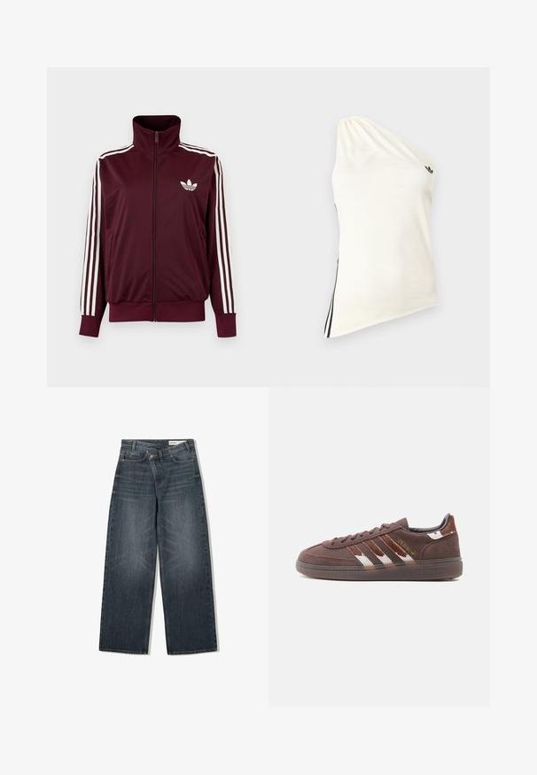 Vinrød trackjakke med lynlås og høj krave, hvide tre striber på ærmerne og hvidt Adidas trefoil-logo på brystet.; Én-skulder top i cremet stof med let glans, kontrasterende sorte striber på siden og en lille sort logo på skulderen.; Mørk vaskede denim jeans med en bred benudskæring, der har høj talje, fem lommer og diskrete slidser på forsiden.; Brun ruskind Adidas-sneaker med hvide og mørkere brune striber, lavprofilsål og guldfarvet "Spezial"-tekst på siden.