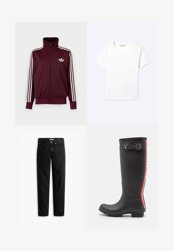 Vinrød trackjakke med lynlås og høj krave, hvide tre striber på ærmerne og hvidt Adidas trefoil-logo på brystet.; Ensfarvet hvid t-shirt med korte ærmer og rund halsudskæring med en lille "WEEKDAY" label indeni halskanten, vist fladt på en lys baggrund.; Sorte straight-leg jeans med knap- og lynlåslukning, bæltestropper samt for- og baglommer, vist fladt på hvid baggrund.; Sort gummistøvle med ru overflade, højt design, røde og hvide lodrette striber, justerbar rem og spænde detaljer.