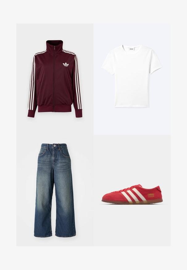 Burgundia tooniga lukuga spordijakk kõrge kraega, valgete kolme triibuga varrukatel ja valge Adidas Trefoil logoga rinnal.; Tavaline valge lühikeste varrukatega ümara kaelusega T-särk, mille kaela sisse on kinnitatud väike "WEEKDAY" silt, esitatud laotatult helel taustal.; Keskmise sinise tooniga avar lõige denim teksad, millel on ees taskud, nupuga ja tõmblukuga sulgemine ning kerge kulumine reitel.; Punane siidise nahast toss, millel on valge kolme riba disain, lame tall ja kuldne logo detail. Madala lõikega disain, ümar varvas ja paeltega sulgemine.