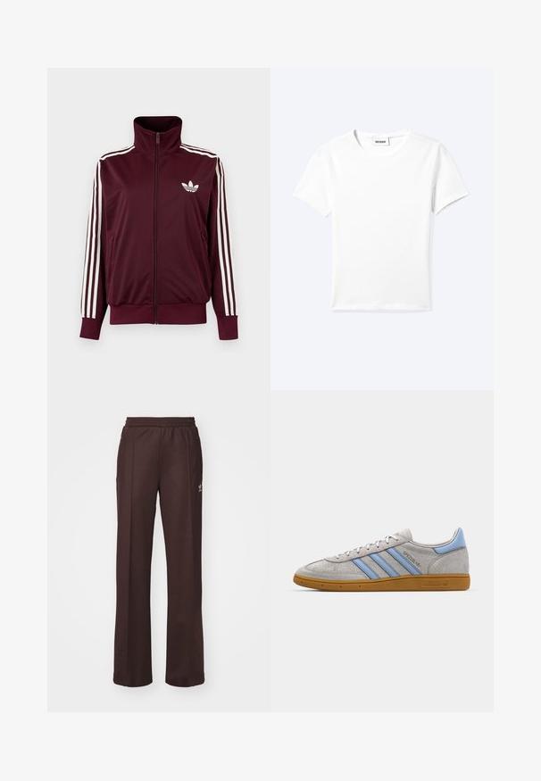 Burgundia tooniga lukuga spordijakk kõrge kraega, valgete kolme triibuga varrukatel ja valge Adidas Trefoil logoga rinnal.; Tavaline valge lühikeste varrukatega ümara kaelusega T-särk, mille kaela sisse on kinnitatud väike "WEEKDAY" silt, esitatud laotatult helel taustal.; Kohvilised spordipüksid elastse vöökohtaga, kahe külgmise taskuga ja väikese logoga vasakul küljel, valmistatud pehmest kangast.; Hallhalli suede tossud, millel on helesinised triibud, kummist tallad ja logo aktsendid. Madal disain, ümmargune nina ja paeltesuletav kinnitussüsteem.