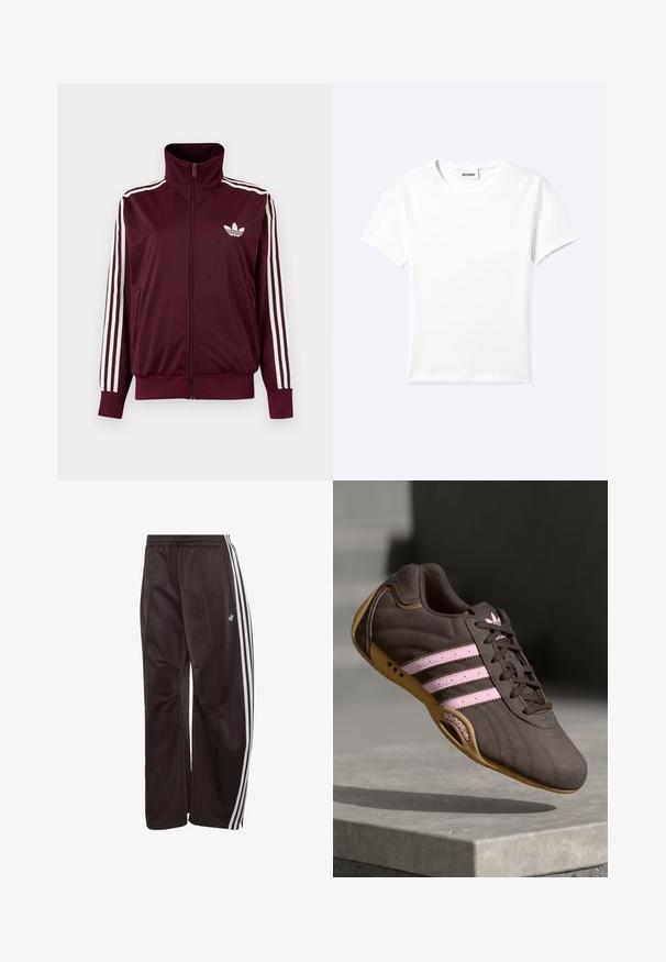 Vínovočervená športová bunda na zips s vysokým golierom, biele tri pruhy na rukávoch a biele logo Adidas trefoil na hrudi.; Jednofarebné biele tričko s krátkym rukávom a okrúhlym výstrihom, s malou štítkou "WEEKDAY" vo vnútri výstrihu, zobrazené na svetlom pozadí, položené na rovnej ploche.; Čierne teplákové nohavice Adidas s bielymi tromi pruhmi po stranách, elastickým pásom, bočným vreckom na zips a logom Adidas na ľavej nohe.; Hnedé semišové športové topánky s ružovými pruhmi a logom, s textúrovaným vrchom, šnurovaním a gumovou podrážkou.