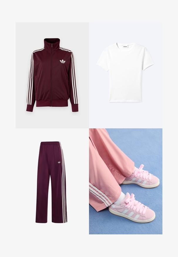 Vínovočervená športová bunda na zips s vysokým golierom, biele tri pruhy na rukávoch a biele logo Adidas trefoil na hrudi.; Jednofarebné biele tričko s krátkym rukávom a okrúhlym výstrihom, s malou štítkou "WEEKDAY" vo vnútri výstrihu, zobrazené na svetlom pozadí, položené na rovnej ploche.; Maroonové športové nohavice Adidas s elastickým pásom, tromi bielymi pruhmi na boku, vreckom na zips a vyšívaným logom na ľavom stehne.; Ružové športové topánky so svetlomodrými pruhmi, okrúhlou špičkou a hrubými ružovými šnúrkami, kombinované s ružovými športovými nohavicami so bielymi bočnými pruhmi.