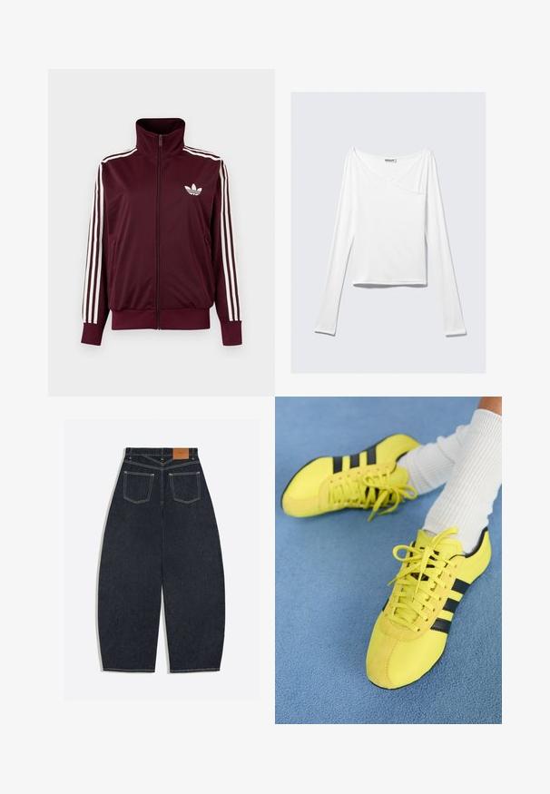 Vínovočervená športová bunda na zips s vysokým golierom, biele tri pruhy na rukávoch a biele logo Adidas trefoil na hrudi.; Biela blúzka s dlhým rukávom a prekríženým dizajnom, s vreckom. Vyrobená z hladkej, elastickej látky. Strih v uvoľnenom, voľnom štýle.; Tmavomodré džínsy s širokými nohavicami zobrazené zozadu s dvoma našitými vreckami a hnedou koženou značkou na páse.; Jasne žlté športové topánky s čiernymi pruhmi a šnúrkami; majú textúrovaný zvršok a semišové akcenty. Nosené s bielymi rebrovanými ponožkami.