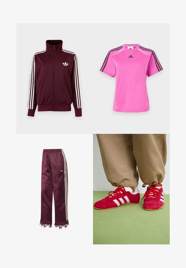 Vínovočervená športová bunda na zips s vysokým golierom, biele tri pruhy na rukávoch a biele logo Adidas trefoil na hrudi.; Jasne ružová športová tričko Adidas s čiernym trojpruhom na rukávoch a čiernym logom Adidas na hrudi.; Tmavočervené saténové tepláky s bielymi bočnými pásikmi, elastickým pásom, vreckami na zips a čipkovaným lemom na spodku.; Červené semišové športové topánky s bielymi pruhmi, plochou gumovou podrážkou a červenými šnúrkami. Nosia sa s béžovými nohavicami, umiestnené na zelenej ploche.