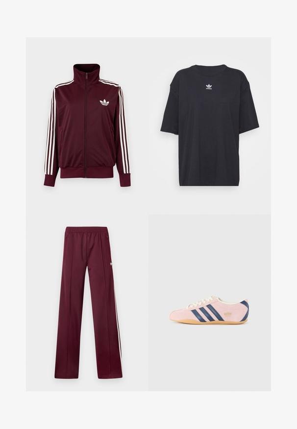 Vinrød trackjakke med lynlås og høj krave, hvide tre striber på ærmerne og hvidt Adidas trefoil-logo på brystet.; Sort bomulds t-shirt med korte ærmer, rund halsudskæring, med et hvidt Adidas-logo på brystet. Enkel design, afslappet pasform.; Bordeaux løbebukser med elastisk taljebånd, sidelommer med lynlås, hvide sidelommer og et lille hvidt Adidas-logo på højre lår.; Lyserøde sneakers lavet af ruskind med marineblå Striber og detaljer. Har en lys cremefarvet tunge og snørebånd, samt en gummisål.