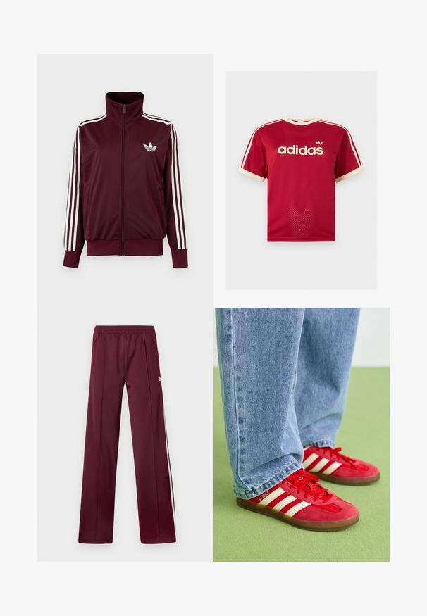 Bordeauxkleurige trainingsjas met ritssluiting en hoge kraag, witte drie strepen op de mouwen en wit Adidas trefoil-logo op de borst.; Rood Adidas mesh t-shirt met beige bies aan de kraag, mouwen en de drie strepen op de schouders, met Adidas-logo en tekst op de voorkant.; Wijnrode trainingsbroek met elastische tailleband, zijzakken met rits, witte zijstrepen en een klein wit Adidas-logo op de rechterdij.; Rode suède sneakers met drie witte strepen, ronde neus en gestructureerde zool, gecombineerd met lichtblauwe spijkerbroek op een groene achtergrond.