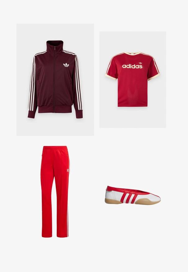 Bordeauxkleurige trainingsjas met ritssluiting en hoge kraag, witte drie strepen op de mouwen en wit Adidas trefoil-logo op de borst.; Rood Adidas mesh t-shirt met beige bies aan de kraag, mouwen en de drie strepen op de schouders, met Adidas-logo en tekst op de voorkant.; Rode sportieve broek van polyester, met witte zijstrepen en een elastische tailleband. Inclusief ritszakken voor opslag.; Rode en witte platte schoen met een afgeronde neus, gemaakt van glad synthetisch materiaal. Heeft drie rode strepen en een beige rubberen zool.