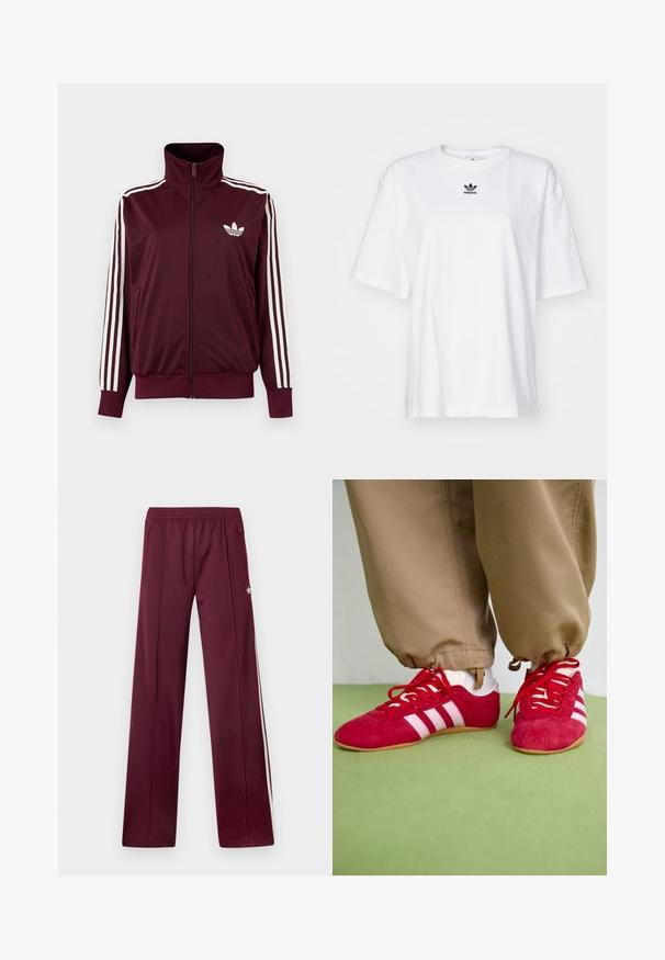 Viininpunainen vetoketjullinen urheilutakki korkealla kauluksella, valkoiset kolme raitaa hihoissa ja valkoinen Adidas Trefoil -logo rinnassa.; Valkoinen lyhythihainen t-paita, joka on valmistettu puuvillasta. Siinä on pyöreä kaula-aukko ja pieni musta Adidas-logo rinnassa. Suora helma.; Tummanpunaiset verkkarit, joissa on joustava vyötärö, sivutaskut vetoketjulla, valkoiset sivuraidat ja pieni valkoinen Adidas-logo oikeassa reidessä.; Punainen mokkanahkainen urheilukenkä, jossa on valkoiset raidat, tasainen kumipohja ja punaiset kengännauhat. Yhdistetty beigeihin housuihin, sijoitettuna vihreälle pinnalle.