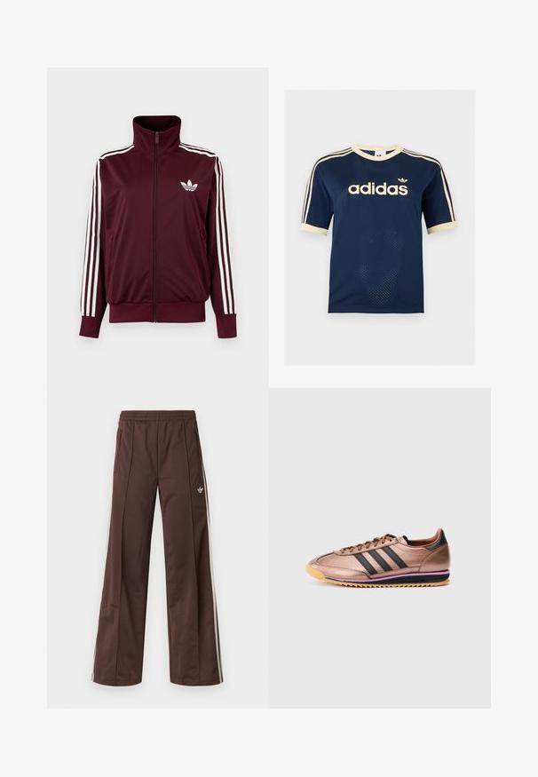 Bordeauxrote Trainingsjacke mit Reißverschluss und hohem Kragen, weißen drei Streifen an den Ärmeln und weißem Adidas-Trefoil-Logo auf der Brust.; Marineblaues Adidas Mesh-Kurzarmshirt mit cremefarbenem Besatz, drei cremefarbenen Streifen an den Ärmeln und Adidas-Logo auf der Brust.; Braune Sporthose mit weitem Bein, weißen Seitenstreifen, elastischem Bund und zwei Seitentaschen. Mit kleinem Logo am Bein.; Bronzene Sportschuh mit drei schwarzen Streifen, glatter Textur, Schnürdesign, kontrastierende hellbraune Sohle mit lila Akzenten, im Retro-Stil.