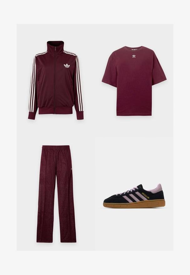 Vinrød trackjakke med lynlås og høj krave, hvide tre striber på ærmerne og hvidt Adidas trefoil-logo på brystet.; Bourgognefarvet bomulds-T-shirt med rund hals og korte ærmer, med en hvid Adidas-logo centreret på brystet. Glat tekstur.; Bordeaux træningsbukser lavet af tekstureret stof, med elastisk talje og sidesømme for en lige ben-design.; Sort og pink ruskinds-sneakers med gummisål, tre pink striber, gyldent "SPEZIAL" branding og tekstureret gummisål. Lavt design.