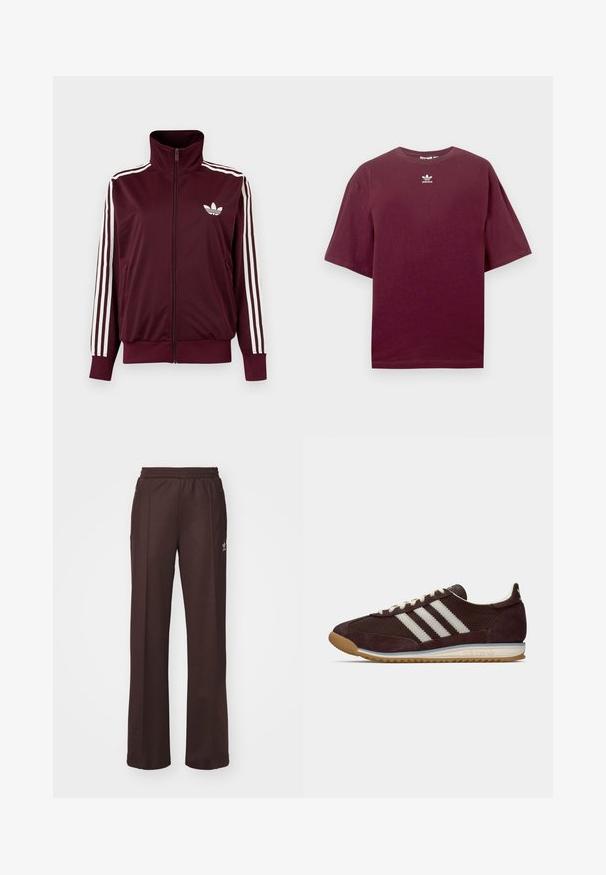 Bordeauxrote Trainingsjacke mit Reißverschluss und hohem Kragen, weißen drei Streifen an den Ärmeln und weißem Adidas-Trefoil-Logo auf der Brust.; Burgunderrotes Baumwoll-T-Shirt mit rundem Ausschnitt und kurzen Ärmeln, mit einem weißen Adidas-Logo in der Mitte auf der Brust. Glatte Textur.; Braune Sporthose mit einem elastischen Bund, zwei Seitentaschen und einem kleinen Logo auf der linken Seite, gefertigt aus weichem Stoff.; Niedrig profilierter dunkelburgunderfarbener Adidas Sneaker mit weißen Streifen, cremfarbenen Schnürsenkeln und Gummisohle, seitliche Ansicht vor einfarbigem Hintergrund.