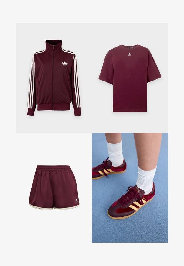 Vinrød trackjakke med lynlås og høj krave, hvide tre striber på ærmerne og hvidt Adidas trefoil-logo på brystet.; Bourgognefarvet bomulds-T-shirt med rund hals og korte ærmer, med en hvid Adidas-logo centreret på brystet. Glat tekstur.; adidas Originals SPRINTER - Shorts - maroon cream white; Bordeaux ruskind og læder sneakers med gule striber og gummisål. Hvide ribbede sokker synlige over anklen, placeret på en blå struktureret overflade.