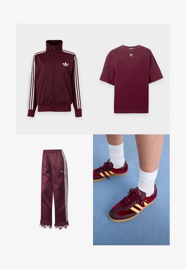 Burgundy zip-up track jacket with high collar, white three stripes on sleeves, and white Adidas trefoil logo on chest.; Burgundy cotton t-shirt with a round neck and short sleeves, featuring a white Adidas logo centered on the chest. Smooth texture.; Maroon satin track pants with white side stripes, elastic waist, zip pockets, and lace trim at the hem.; Maroon suede and leather sneakers with yellow stripes and gum sole. White ribbed socks visible above ankle, set on a blue textured surface.