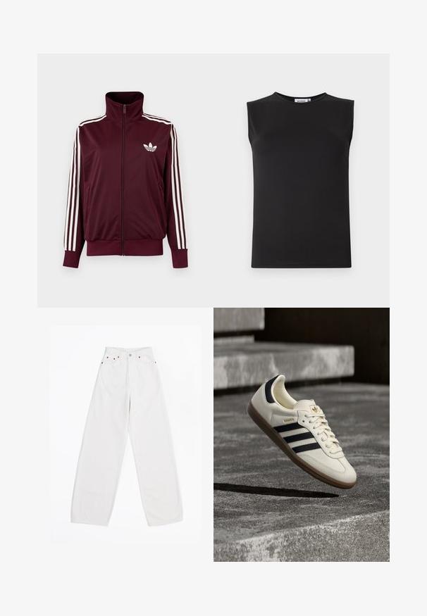 Bordeauxkleurige trainingsjas met ritssluiting en hoge kraag, witte drie strepen op de mouwen en wit Adidas trefoil-logo op de borst.; Zwarte mouwloze top van gladde, rekbare stof. Heeft een ronde halslijn en een getailleerd silhouet. Geen zichtbare patronen of accenten.; Witte wijde jeans van denim, met vijf zakken, koperen details en een knoopsluiting aan de voorkant. Glad textuur en rechte snit.; Witte Adidas Samba sneaker met zwarte strepen en gumzool, zwevend boven gestructureerde grijze betonnen treden.