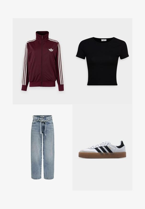 Vínovočervená športová bunda na zips s vysokým golierom, biele tri pruhy na rukávoch a biele logo Adidas trefoil na hrudi.; Čierne tričko s krátkym rukávom vyrobené z hladkej bavlnenej tkaniny, s okrúhlym výstrihom a priliehavým strihom. Minimalistické, bez viditeľných vzorov.; Svetlomodré denimmové džínsy s vysokým pásom, voľným strihom a detailom na viazanie. Obsahujú klasický dizajn s piatimi vreckami a rovné nohavice.; Biele kožené tenisky s čiernymi pruhmi, gumová podrážka, okrúhla špička, šnurovanie a mäkký sivý semišový špička.