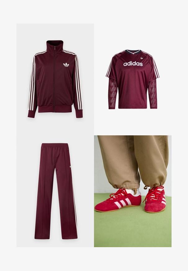 Chaqueta deportiva burdeos con cremallera, cuello alto, tres rayas blancas en las mangas y logo blanco de trébol de Adidas en el pecho.; Camiseta de manga larga Adidas color granate con mangas de malla, logo blanco y rayas en los hombros, cuello en blanco y negro, vista frontal.; Pantalones deportivos burdeos con cinturilla elástica, bolsillos laterales con cremallera, rayas blancas a los lados y un pequeño logotipo blanco de Adidas en el muslo derecho.; Zapatillas deportivas de ante rojo con rayas blancas, suela de goma plana y cordones rojos. Llevadas con pantalones beige, situadas sobre una superficie verde.