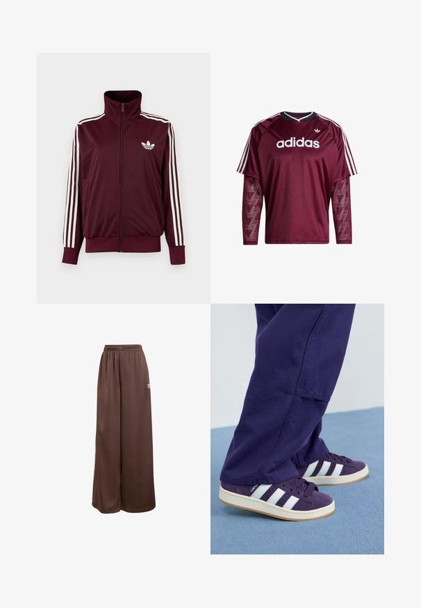 Burgundia tooniga lukuga spordijakk kõrge kraega, valgete kolme triibuga varrukatel ja valge Adidas Trefoil logoga rinnal.; Tumepunane Adidas pika varrukaga särk võrgust varrukatega, valge logoga ja triipudega õlgadel, must-valge kraega, esikülg vaadates.; adidas Originals Dresside alumine osa - auburn cream white; Lillasest suede-tossud valgete triipude ja paeltega, millel on tekstuuriga ülemine osa ja heledast kummist tallad.