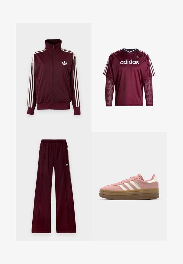 Vinrød trackjakke med lynlås og høj krave, hvide tre striber på ærmerne og hvidt Adidas trefoil-logo på brystet.; Mørkerød Adidas langærmet trøje med netærmer, hvidt logo og striber på skuldrene, sort og hvid krave, forfra.; Bordeaux farvede sportbukser med afslappet pasform, lavet af glat materiale, med to sidelommer og hvide kontraststriber langs siderne.; adidas Originals GAZELLE BOLD - Sneakers - mauve/off white