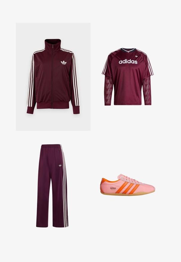 Vínovočervená športová bunda na zips s vysokým golierom, biele tri pruhy na rukávoch a biele logo Adidas trefoil na hrudi.; Vínovočervené tričko Adidas s dlhým rukávom a sieťovinovými rukávmi, biele logo a pruhy na pleciach, čierno-biely golier, pohľad spredu.; Maroonové športové nohavice Adidas s elastickým pásom, tromi bielymi pruhmi na boku, vreckom na zips a vyšívaným logom na ľavom stehne.; Ružová sneakerka s oranžovými akcentmi, s tromi pruhmi, textúrovaným materiálom, šnurovaním vpredu a gumovou podrážkou. Branding na boku.