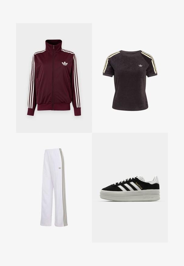 Bordeauxrote Trainingsjacke mit Reißverschluss und hohem Kragen, weißen drei Streifen an den Ärmeln und weißem Adidas-Trefoil-Logo auf der Brust.; Schwarzes Plüsch-T-Shirt mit Rundhalsausschnitt, kurzen Raglanärmeln und kontrastierenden weißen und gelben Streifen an den Schultern. Mit kleinem Logo.; Weiße Trainingshose mit beigen drei Streifen an den Seiten, elastischem Bund, seitlicher Reißverschlusstasche und kleinem Adidas-Logo am linken Oberschenkel.; Schwarze Wildleder-Sneaker mit weißen Lederakzenten, drei weißen Streifen, flachen Schnürsenkeln und einer dicken grauen Plateausohle. Goldenes "Gazelle"-Branding.