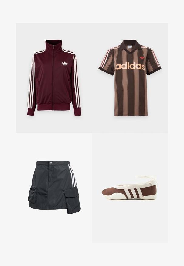 Vínovočervená športová bunda na zips s vysokým golierom, biele tri pruhy na rukávoch a biele logo Adidas trefoil na hrudi.; Hnedé prúžkované polo tričko Adidas s výstrihom do V, bordovým golierom a červeným logom. Má bielo-červené pruhy na ramenách a krátke rukávy.; Čierna, ľahká sukňa vyrobená z nylónu s predným zapínaním na gombíky, bočnými vreckami a bielymi prúžkami po stranách.; Hnedá a biela baletná balerína s tromi bielymi pruhmi a mašľou na zviazanie okolo členku na jednoduchom svetlom pozadí.