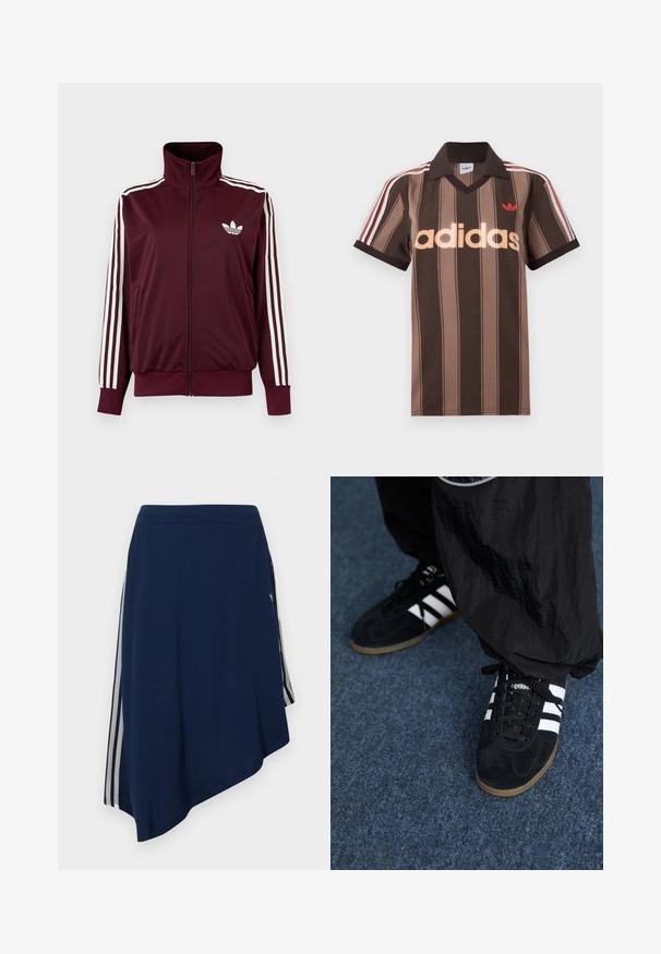 Vinrød trackjakke med lynlås og høj krave, hvide tre striber på ærmerne og hvidt Adidas trefoil-logo på brystet.; Brunstribet Adidas polo-shirt med V-hals, bordeaux krave og rødt logo. Har hvide og røde skulderstriber samt korte ærmer.; Marineblå asymmetrisk nederdel med hvide lodrette striber på siderne og et struktureret stofmønster.; Sorte suedetrainingssko med tre hvide striber og sorte snørebånd. Et tekstureret sort bukser er delvist synligt ved siden af skoene.