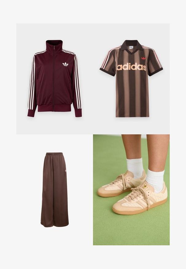 Vínovočervená športová bunda na zips s vysokým golierom, biele tri pruhy na rukávoch a biele logo Adidas trefoil na hrudi.; Hnedé prúžkované polo tričko Adidas s výstrihom do V, bordovým golierom a červeným logom. Má bielo-červené pruhy na ramenách a krátke rukávy.; adidas Originals Tepláky - auburn cream white; Nohy v béžových tkaných teniskách Adidas s gumovými podrážkami a bielymi členkovými ponožkami na zeleno textúrovanom podlahe.