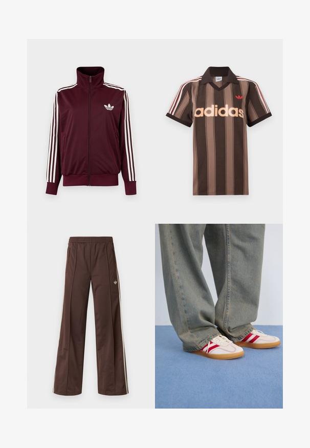 Chaqueta deportiva burdeos con cremallera, cuello alto, tres rayas blancas en las mangas y logo blanco de trébol de Adidas en el pecho.; Polo Adidas marrón con rayas, cuello en V, cuello burdeos y logo rojo. Presenta rayas blancas y rojas en los hombros, mangas cortas.; Pantalones deportivos marrones con diseño de pierna ancha, franjas laterales blancas, cintura elástica y dos bolsillos laterales. Presentan un pequeño logo en la pierna.; Zapatillas blancas con rayas rojas, parte superior de lona texturizada, puntera redonda, suela plana de goma, combinadas con pantalones vaqueros azul claro y holgados.