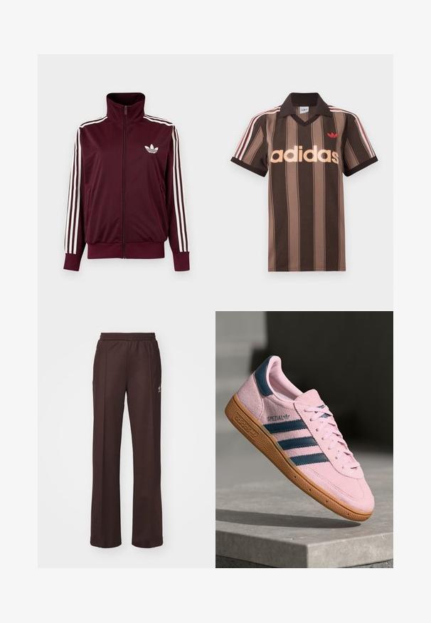 Vinrød trackjakke med lynlås og høj krave, hvide tre striber på ærmerne og hvidt Adidas trefoil-logo på brystet.; Brunstribet Adidas polo-shirt med V-hals, bordeaux krave og rødt logo. Har hvide og røde skulderstriber samt korte ærmer.; Brune træningsbukser med elastisk talje, to sidelommer og et lille logo på venstre side, lavet af et blødt stof.; Lyserød ruskindssneaker med marineblå tre striber, gummisål og lyserøde snørebånd. Har "SPEZIAL"-branding på siden.
