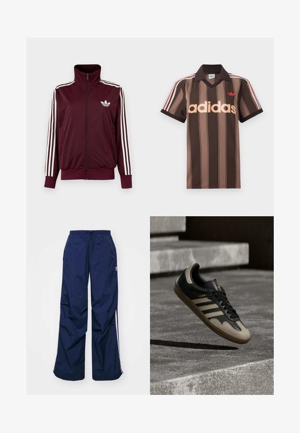 Burgundia tooniga lukuga spordijakk kõrge kraega, valgete kolme triibuga varrukatel ja valge Adidas Trefoil logoga rinnal.; Pruunide triipudega Adidas polotee, V-kaelusega, bordeau krae ja punase logoga. Omad valge ja punase triibuga õlad ning lühikesed varrukad.; Tumesinised, kergekaalulised püksid elastse vöökoha ja nööriga, millel on valged küljeribad ja väike logo ees. Lahtise lõikega.; Must ja beež nahast spordijalats, millel on kolm valget triipu, tan värvi kummist talla ja kuldsete "Samba" detailidega küljel.