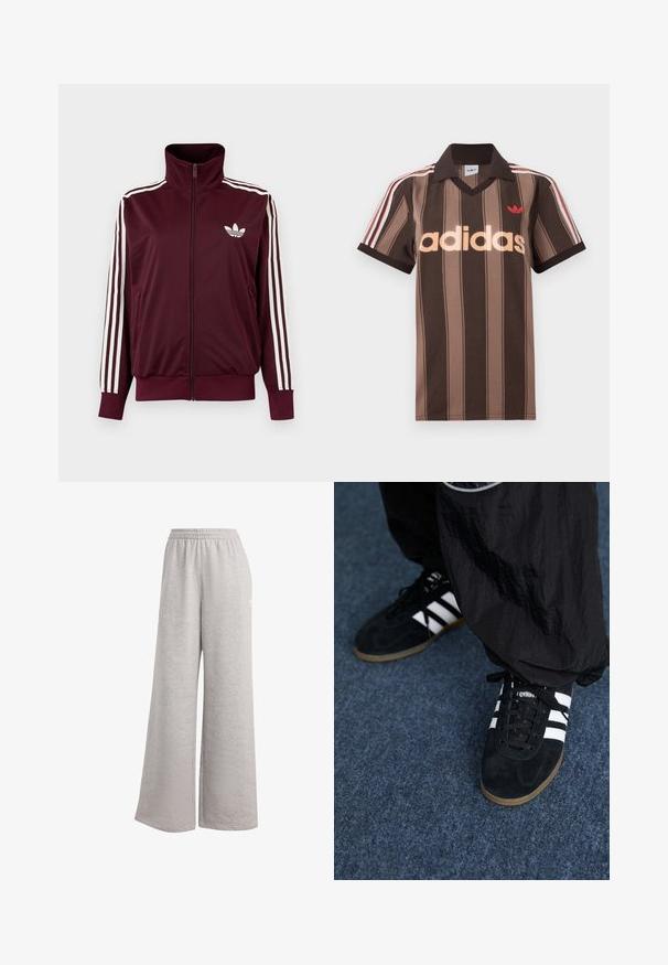 Chaqueta deportiva burdeos con cremallera, cuello alto, tres rayas blancas en las mangas y logo blanco de trébol de Adidas en el pecho.; Polo Adidas marrón con rayas, cuello en V, cuello burdeos y logo rojo. Presenta rayas blancas y rojas en los hombros, mangas cortas.; Pantalones de chándal gris claro con un corte holgado, cinturilla elástica y textura suave. Presenta un sutil logo en un lado. Diseño casual.; Zapatillas deportivas de ante negro con tres rayas blancas y cordones negros. Un pantalón negro texturizado es parcialmente visible al lado de las zapatillas.