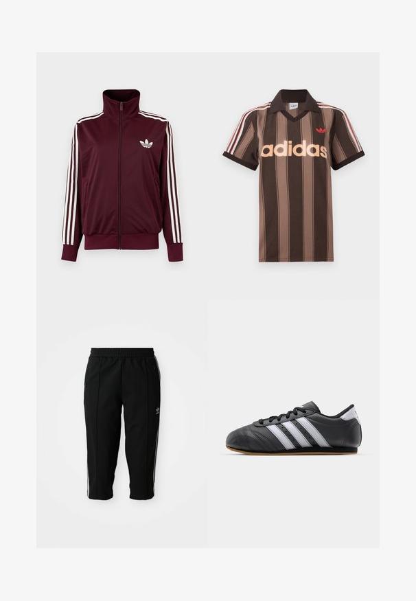 Burgundia tooniga lukuga spordijakk kõrge kraega, valgete kolme triibuga varrukatel ja valge Adidas Trefoil logoga rinnal.; Pruunide triipudega Adidas polotee, V-kaelusega, bordeau krae ja punase logoga. Omad valge ja punase triibuga õlad ning lühikesed varrukad.; Mustad mustrid spordipüksid elastse vöökohtaga, külgedel lukk-kotid ja valged aktsenttriibud õmbluste ääres. Valmistatud siledast ja vastupidavast materjalist.; Must must harjukets, millel on valged triibud, ümmargune varvas, lame tall ja shoelace sulgemine. Omab perforatsioone hingavuse tagamiseks.