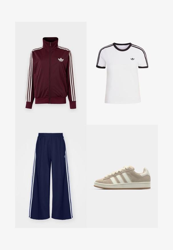 Chaqueta deportiva burdeos con cremallera, cuello alto, tres rayas blancas en las mangas y logo blanco de trébol de Adidas en el pecho.; Camiseta blanca de manga corta con detalles en negro, con cuello redondo y tres rayas negras en cada hombro. Pequeño logo negro en el pecho.; adidas Originals PANT - Pantalones deportivos - night indigo; Zapatillas de ante marrón con rayas y cordones de cuero blanco, suela de goma, cuello acolchado y detalles texturizados en la parte superior.