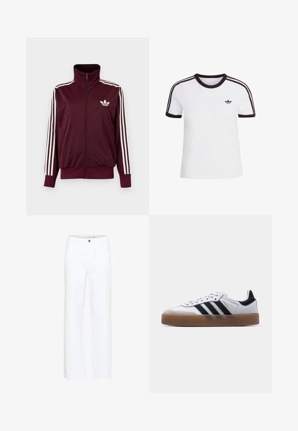 Viininpunainen vetoketjullinen urheilutakki korkealla kauluksella, valkoiset kolme raitaa hihoissa ja valkoinen Adidas Trefoil -logo rinnassa.; Valkoinen lyhythihainen t-paita mustilla yksityiskohdilla, jossa on pyöreä pääntie ja kolme mustaa raitaa kummallakin olkapäällä. Pieni musta logo rinnassa.; Valkoiset suorat farkut, jotka on valmistettu denimistä. Varustettu nappilukolla ja perinteisellä viiden taskun muotoilulla. Sileä pinta puhtaalla viimeistelyllä.; Valkoiset nahkakengät, joissa on mustat raidat, kumipohja, pyöreä varvas, nauhakiinnitys ja pehmeä harmaa mokkanahkakärki.
