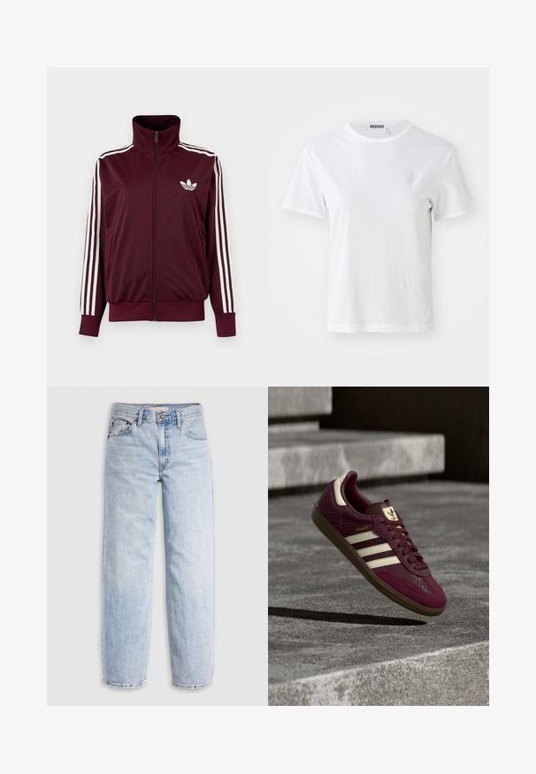 Chaqueta deportiva burdeos con cremallera, cuello alto, tres rayas blancas en las mangas y logo blanco de trébol de Adidas en el pecho.; Camiseta blanca de manga corta hecha de una tela suave. Cuenta con un escote redondo y un corte recto, con una etiqueta en el cuello interior.; Jeans de mezclilla azul claro con cintura alta, corte relajado, piernas rectas y un diseño clásico de cinco bolsillos. Desgastado visible y detalles de costuras.; Zapatilla burdeos con cuero texturizado, tres franjas blancas y detalles dorados. Suela de goma, diseño clásico Samba y detalles de malla transpirable.