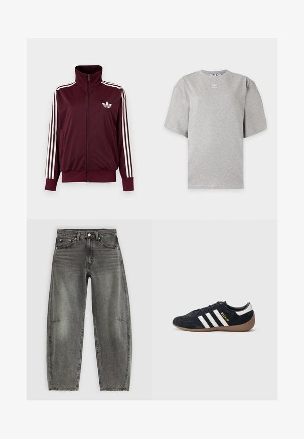 Vinrød trackjakke med lynlås og høj krave, hvide tre striber på ærmerne og hvidt Adidas trefoil-logo på brystet.; Lysegrå Adidas T-shirt med korte ærmer, rund hals og lille hvid Adidas-logo på brystet, vist på en ensfarvet baggrund.; Højtaljede gråvaskede denimjeans med fem lommer, knaplukning og en afslappet lige pasform.; Sort ruskindssneaker med tre hvide striber, gummisål og et lille gyldent logo på siden. Har en glat sort foring indvendigt.