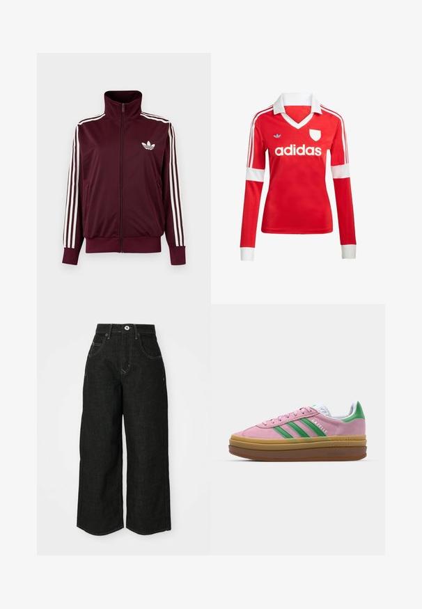 Bordeauxkleurige trainingsjas met ritssluiting en hoge kraag, witte drie strepen op de mouwen en wit Adidas trefoil-logo op de borst.; Rode lange mouwen voetbalshirt met een witte kraag en manchetten. Heeft drie witte strepen op de schouders en het "adidas" logo prominent weergegeven.; Brede zwarte denim jeans met een hoge taille, voorzien van voorkeurszakken, gestikte naden en een klassieke knoopsluiting. Zacht, gestructureerd materiaal.; Roze suede sneakers met groene strepen, witte accenten en een bruine rubberen zool. Heeft een gestructureerde stof en logodetails aan de zijkant.