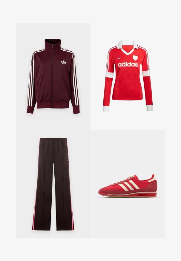 Vinrød trackjakke med lynlås og høj krave, hvide tre striber på ærmerne og hvidt Adidas trefoil-logo på brystet.; Rød langærmet fodboldtrøje med hvid krave og manchetter. Har tre hvide striber på skuldrene og "adidas" logoet fremtrædende vist.; Sorte atletikbukser med lyserøde sidelister, elastisk talje, lynlåslommer og Adidas-logo på venstre lår.; Rød atletisk sneakers med en tekstureret overdel, tre hvide striber, rund tå og gummisål med logodetaljer på siden.