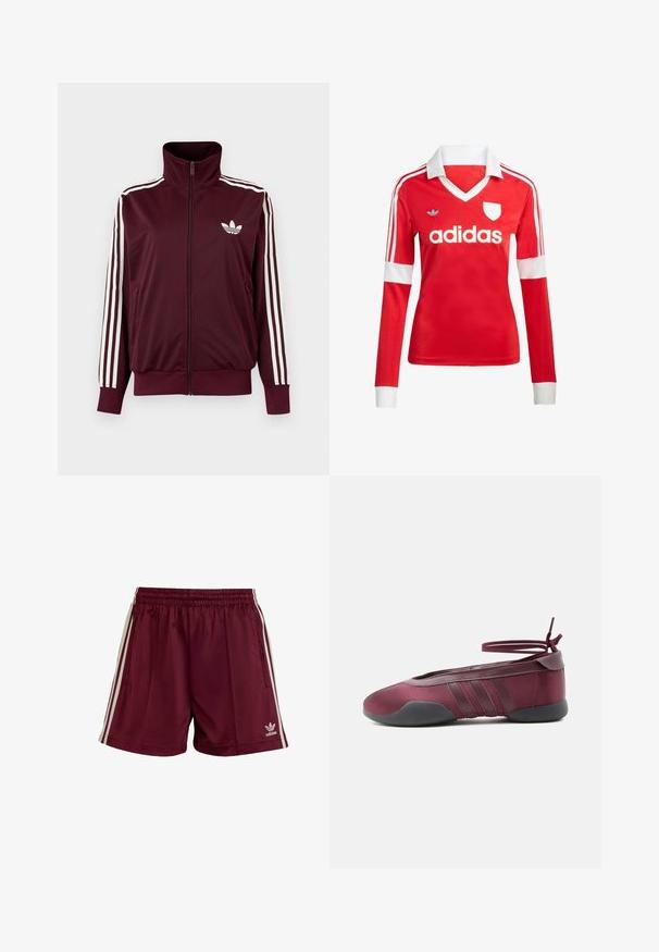 Burgundia tooniga lukuga spordijakk kõrge kraega, valgete kolme triibuga varrukatel ja valge Adidas Trefoil logoga rinnal.; Punane pikade varrukatega jalgpallipluus valge krae ja varrukateotstega. Omab kolme valget triipu õlgadel ja väljapaistvat "adidas" logo.; Tumed sportlikud lühikesed püksid elastse vöökohtaga, igal pool kolm valget triipu ja alumises vasakus nurgas väike valge Adidas'i logo.; Bordoopunane ballerinarätt musta tallaga, elastsete pahkluurihmadega, mis on seotud lipsuks, ja külgedel õmmeldud detailidega, nähtud välisküljelt.