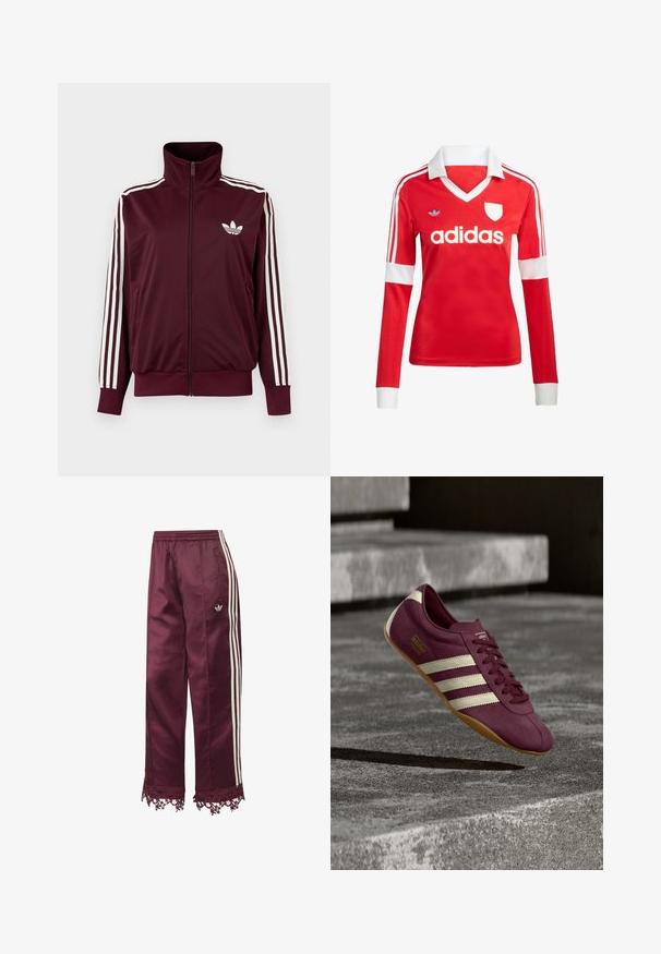 Vinrød trackjakke med glidelås og høy krage, hvite tre striper på ermene og hvit Adidas trefoil-logo på brystet.; Rød langermet fotballdrakt med hvit krage og mansjetter. Har tre hvite striper på skuldrene og "adidas"-logoen iøynefallende plassert.; Vinrøde sateng treningsbukser med hvite siderstriper, elastisk midje, glidelåslommer og blondedetaljer nederst.; Lilla Adidas Tokyo-sneaker med hvite striper og gummisåle ser ut til å sveve over betongtrapper i mykt lys.