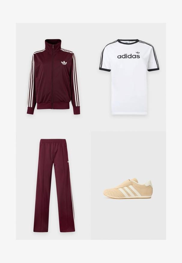 Chaqueta deportiva burdeos con cremallera, cuello alto, tres rayas blancas en las mangas y logo blanco de trébol de Adidas en el pecho.; Camiseta blanca de algodón con detalles en negro, presenta un cuello redondo, mangas cortas, tres rayas negras en los hombros y el logo "adidas" en negro.; Pantalones deportivos burdeos con cinturilla elástica, bolsillos laterales con cremallera, rayas blancas a los lados y un pequeño logotipo blanco de Adidas en el muslo derecho.; Zapatillas deportivas en tono marrón y crema con un acabado de cuero suave, tres rayas blancas en el lateral y una puntera redondeada. Parte superior texturizada con perforaciones.